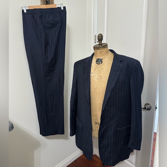 Men's Navy Pinstripe Suit Drago super 130’s wool - Picture 1 of 4